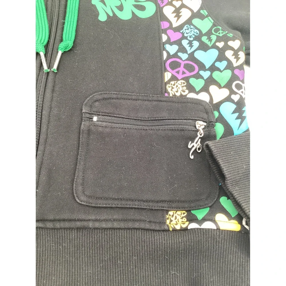 Akumu Ink Womens Black Heart Peace Print Zip Up Hoodie Velvet Lined Hood Large